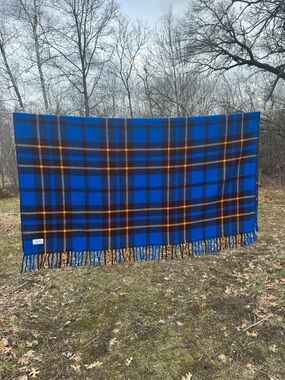Vintage Faribo Blue Plaid Wool Camp Stadium Blanket Fringe Throw Cabin Lodge USA